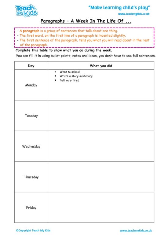 Worksheets for kids - paragraphs-a-week-in-the-life-of